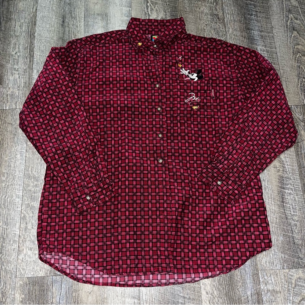 Vintage 90s Disney Mickey Corduroy Red Checkered Long sleeve Size Large